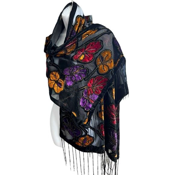 Black Velvet Scarf/Shawl Shoulder Cover Up Rectangle W/Fringe Floral Beaded - Picture 2 of 10